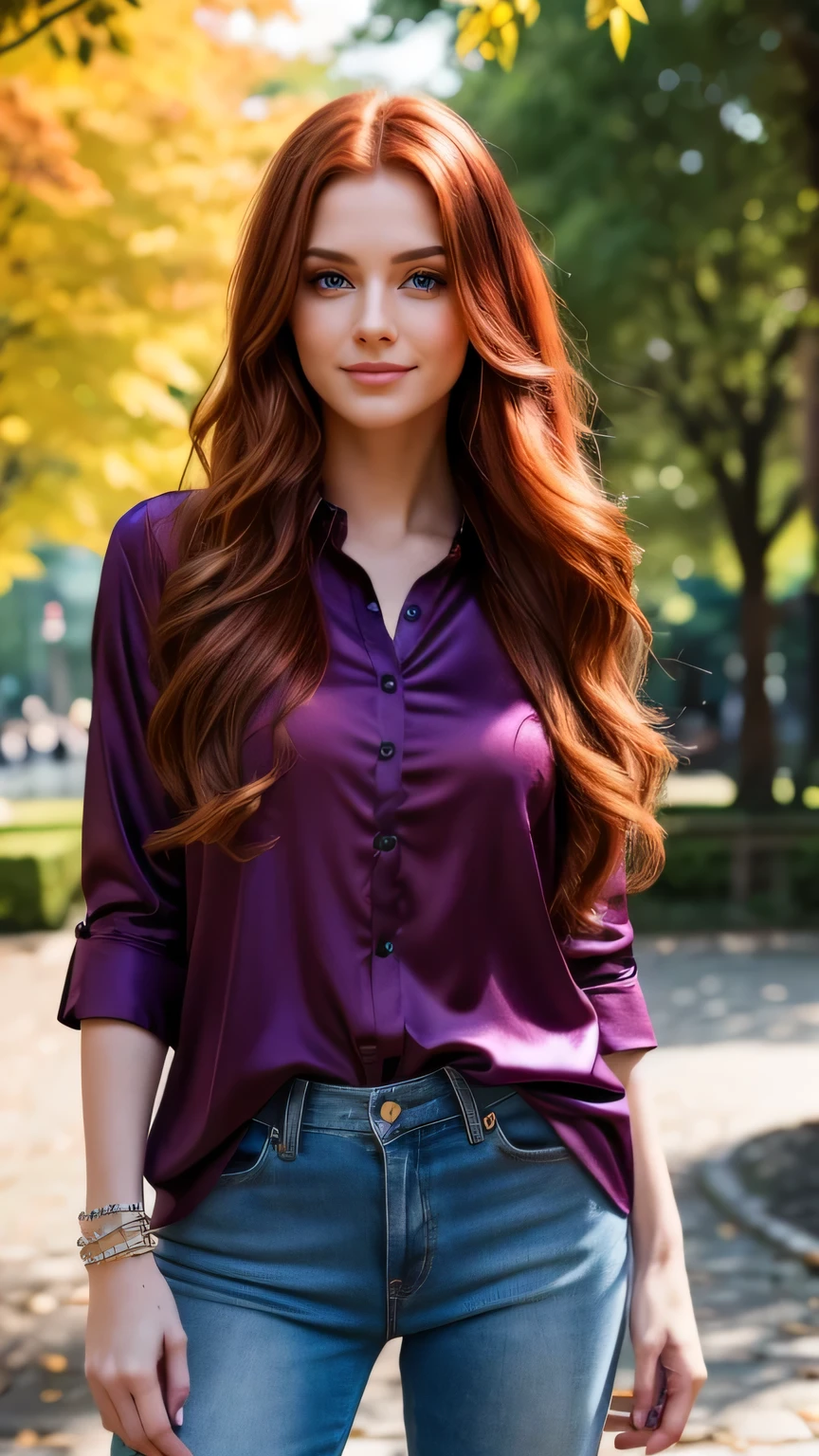 Realistic full body photo of a smiling, Young red-haired woman with long hair, She dances in front of the camera in a long, purple silk shirt and tight white jeans..., Park,glamour fotoshooting, Park, perfect anatomy, perfect green eyes. Perfect hands with 5 fingers on each hand, Matching girl, look into the camera, 1 Frau. (Eye make up:1.1), (highly detailed skin:1.1), spirit, analog style, keen focus, 8K UHD, dslr, good quality, Fujifilm XT3, Grain, Award-winning, masterpiece. Park
