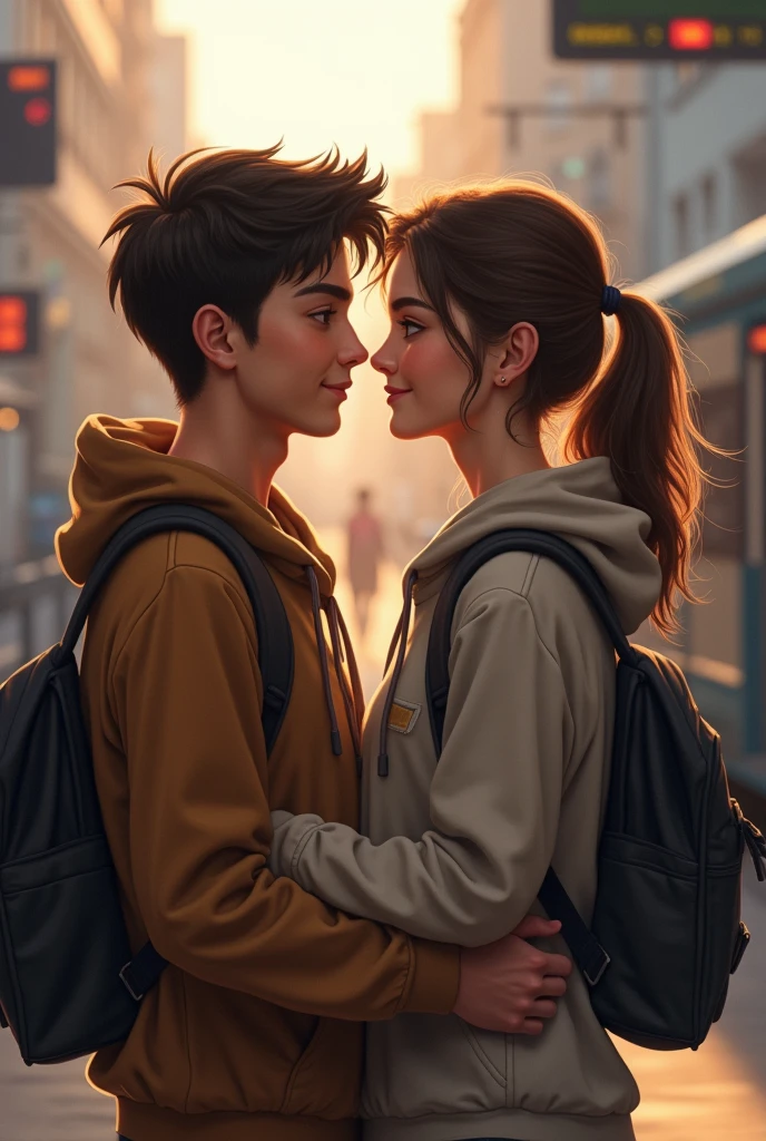 A young man and a young woman saying goodbye by giving each other a kiss on the cheek like friends
