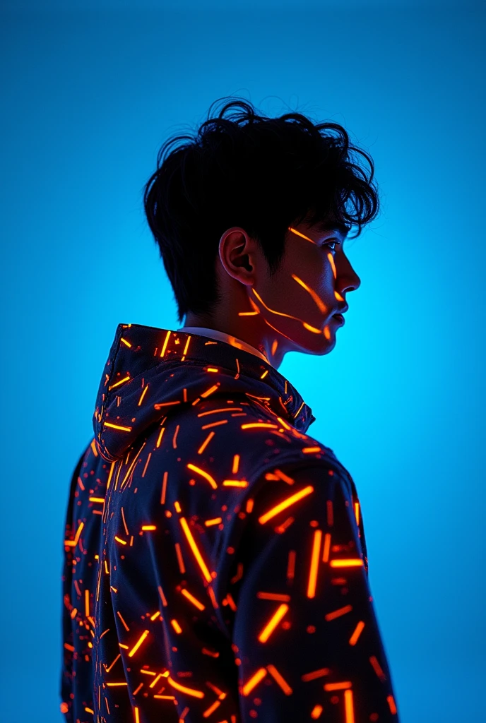 ashion editorial photography, medium shot of a japanese man,Blue background,Orange contrast,Tech patterns, Dynamic silhouette, Virtual devices, Light effects and particles, Futuristic typography, Dynamic movement,Abstract geometry