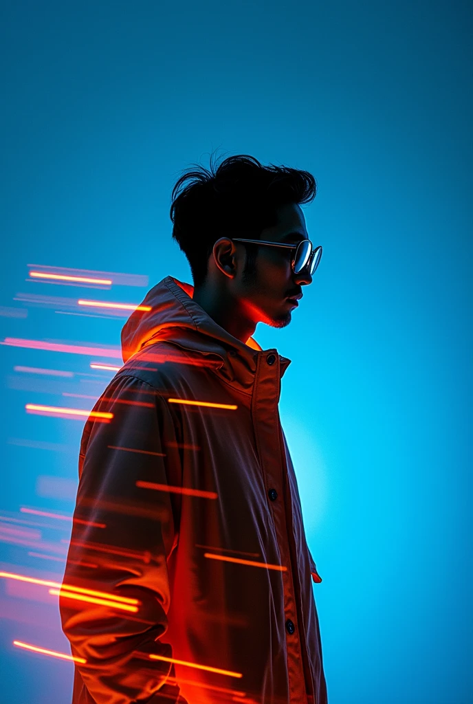 ashion editorial photography, medium shot of a japanese man,Blue background,Orange contrast,Tech patterns, Dynamic silhouette, Virtual devices, Light effects and particles, Futuristic typography, Dynamic movement,Abstract geometry