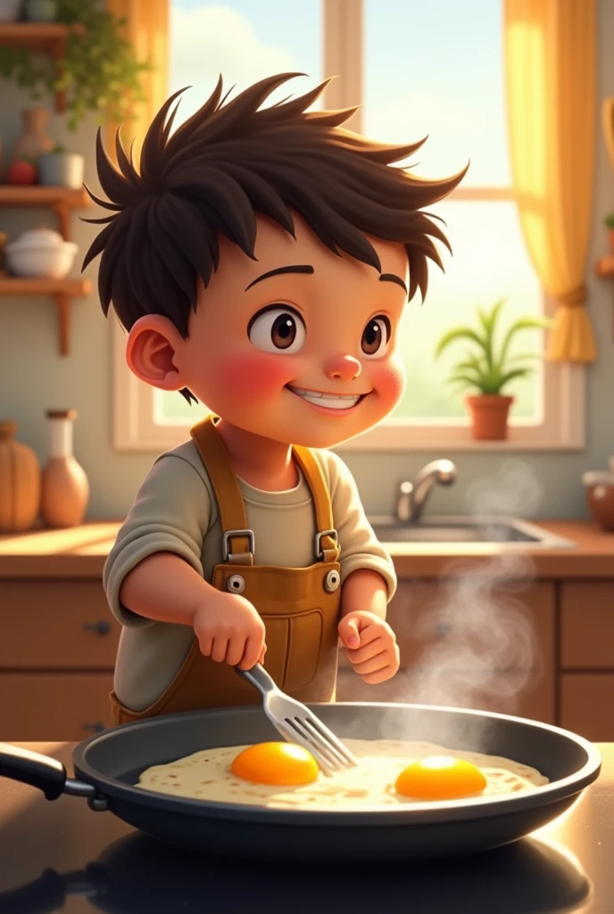 Draw me a picture , chubby boy makes fried eggs