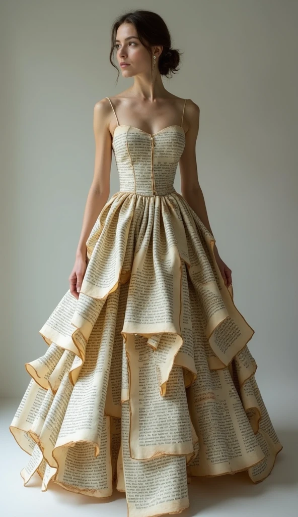 A high-resolution, ultra-high-definition, realistic portrait of a dress made from pages of books. The dress should have text and illustrations visible, offering a literary and artistic flair. The background should be neutral to emphasize the unique texture and details of the pages.
