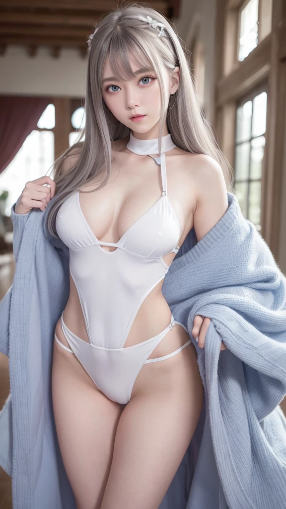 Height: 170cm、Bust 90cm、Waist 57cm、Hips 88cm、Big eyes、blue eyes、Beautiful waistline、Pretty girl、20-year-old、White sheer leotard、Undressing pose、Silver Hair、９Head to Body、smile、Straight perm