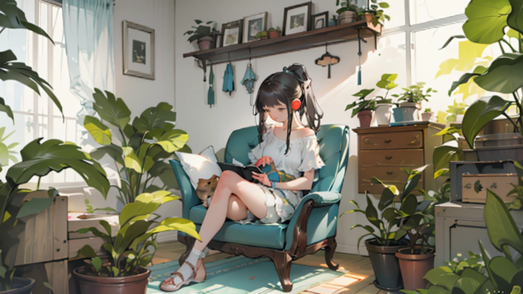 A  girl sits with a cat.,Listening to music happily,In a quiet room filled with plants and cute decorations.