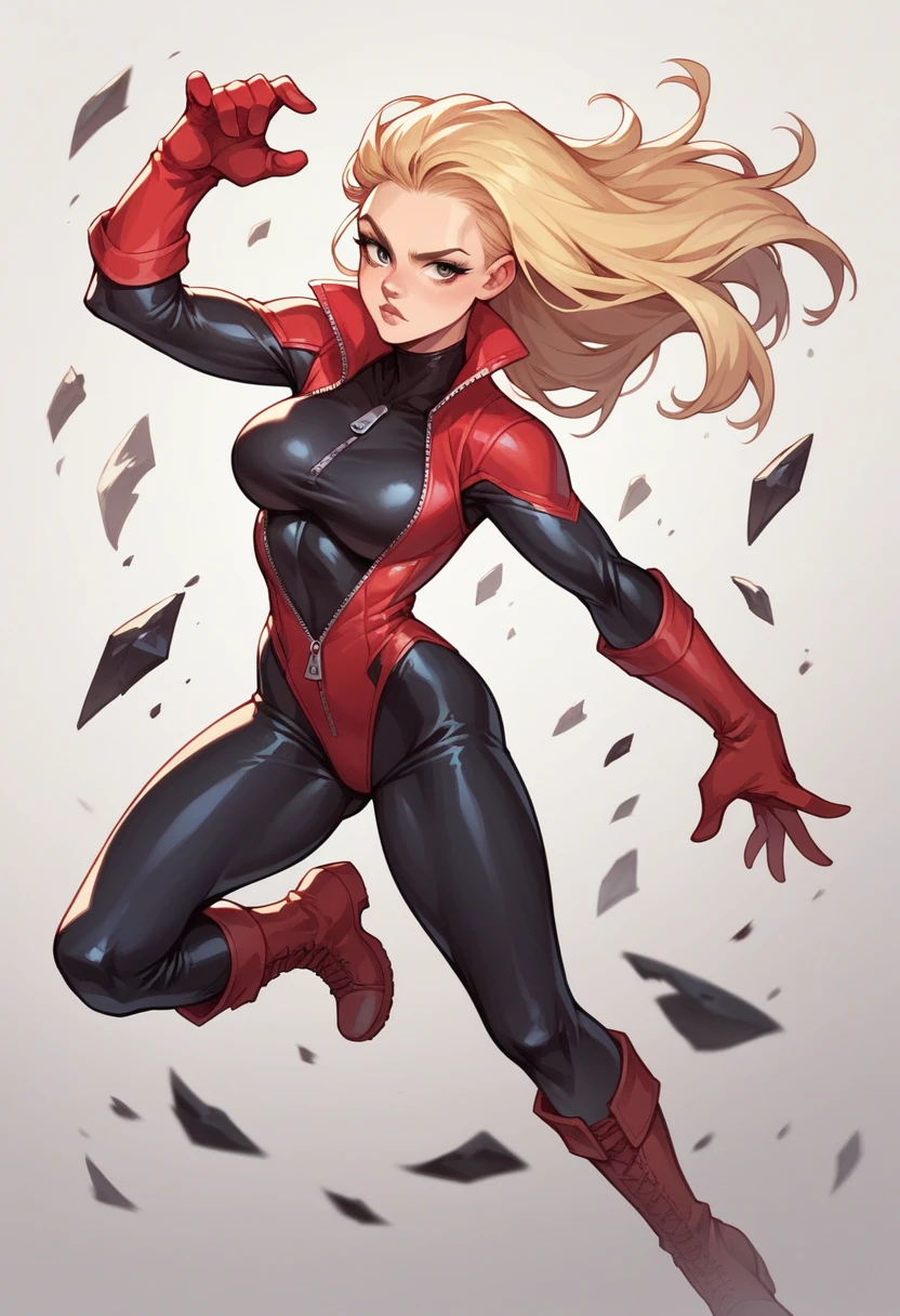 1girl, comics, long blonde hair, red and black costume, zip-up bodysuit, black sides, red gloves, red boots, sensual pose