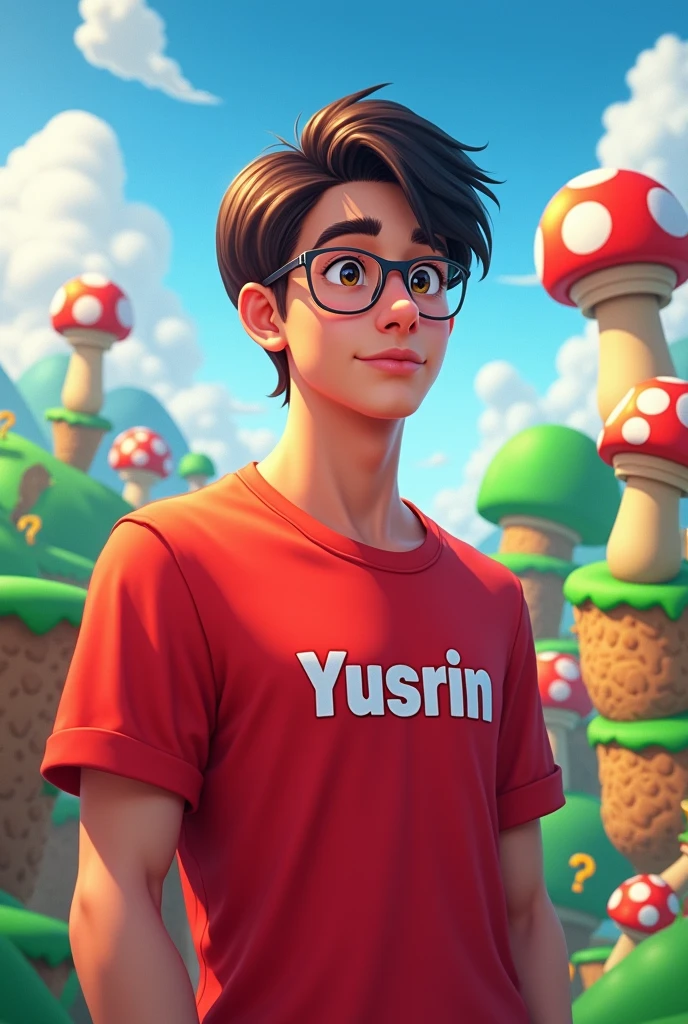 A man 20 years old wearing red t-shirt lebeled Yusrin and partner Mario games background games super Mario 3d