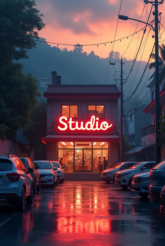 Big
Graphic design studio in Indian city street with studio LED name board, car parking in front it
,with grenaey hill background, orange evening sky rainy water on road anime in India