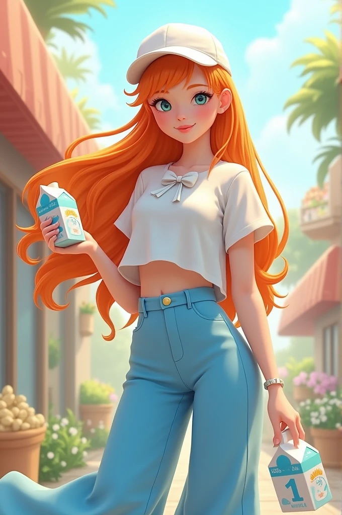 Female character with long orange hair and a bow, a white blouse, long blue pants, a white tennis cap, and a bag of milk 