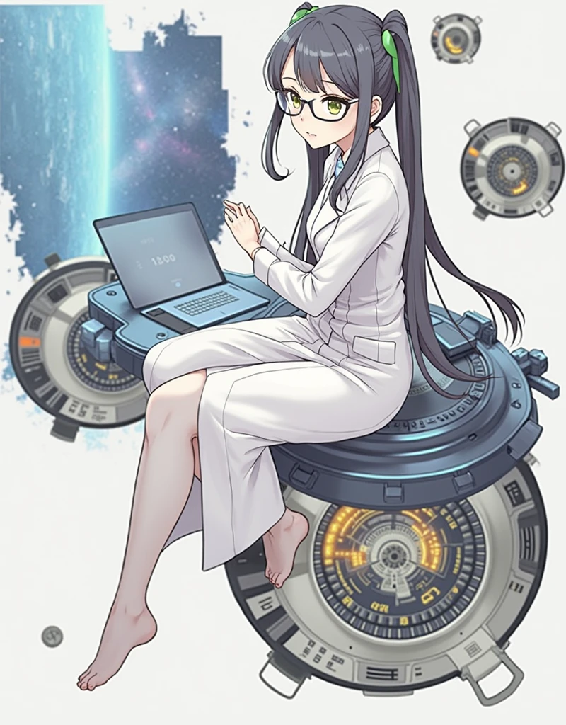 anime girl wearing glasses with ponytails sitting on machine with laptop and space in background, (ponytail forehead hair pulled back:1.3), (black hair:1.3), anime girl of the future, alchemist girl, labcoat, portrait anime space cadet girl,anime style, from girls frontline, fine details. girls frontline, girls frontline universe, girls frontline style, girls frontline, girls frontline cg, soft anime illustration, 2 0 2 2 anime style, 2022 anime style, pixiv contest winner, pretty anime character design, render of april Estimate