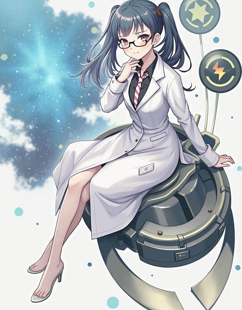 anime girl wearing glasses with ponytails sitting on machine with laptop and space in background, (ponytail forehead hair pulled back:1.3), (black hair:1.3), anime girl of the future, alchemist girl, labcoat, portrait anime space cadet girl,anime style, from girls frontline, fine details. girls frontline, girls frontline universe, girls frontline style, girls frontline, girls frontline cg, soft anime illustration, 2 0 2 2 anime style, 2022 anime style, pixiv contest winner, pretty anime character design, render of april Estimate