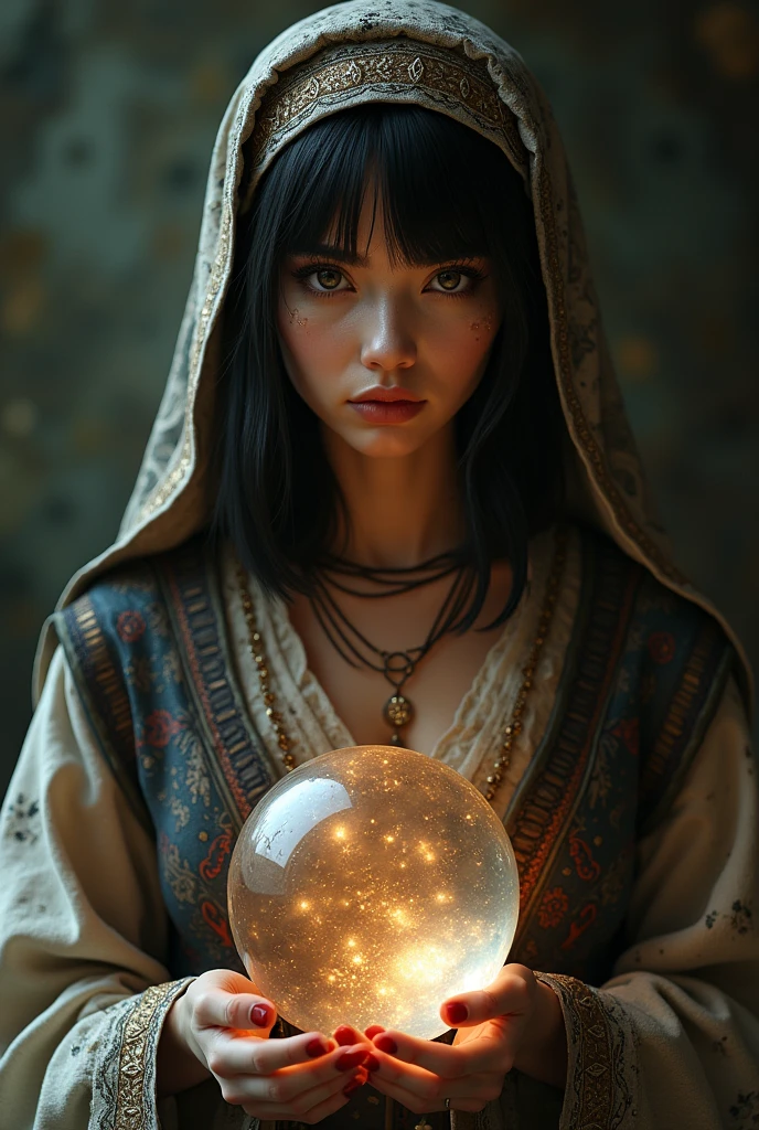 woman, shoulder-length straight black hair, medium bust, head cloth, dressed as a card fortune teller, crystal ball, gypsy, looking at the camera, photorealistic