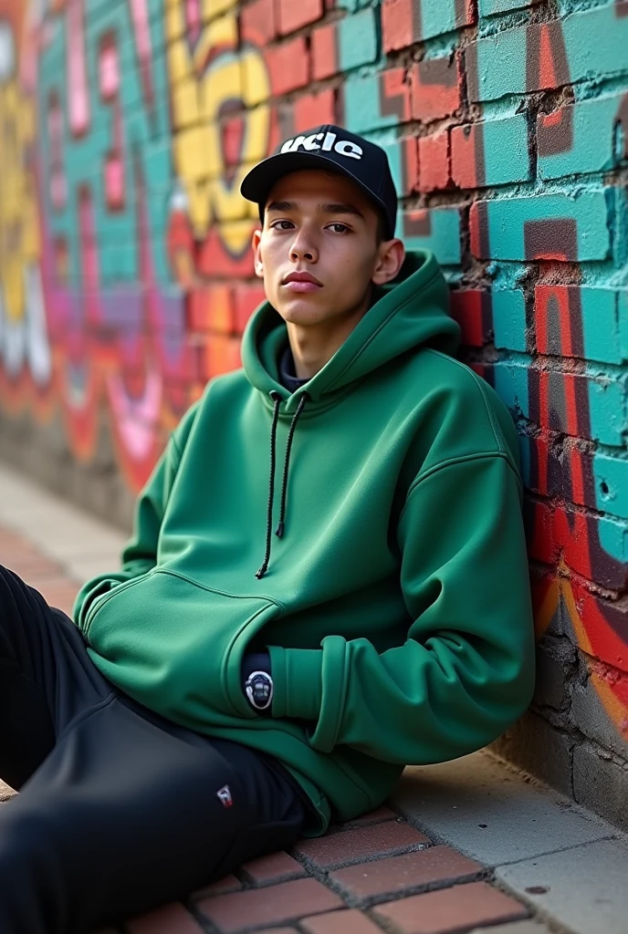 A white-skinned young man is lying on a brick wall, which is adorned with vibrant graffiti that expresses urban art and energy. His posture is relaxed, with a slight air of nonchalance as he observes the surroundings.
He wears a green hooded diver, which contrasts with the background of the wall and gives it a fresh and youthful touch.. The hood is slightly raised, adding a touch of mystery to your figure. Above his head, A sports cap, that complements your casual and modern look, sits at a slight angle, giving it a casual style.
On the bottom, He wears a black jogger that keeps him comfortable and allows him to move easily.. The details on the jogger, like pockets and seams, add a touch of functionality.
