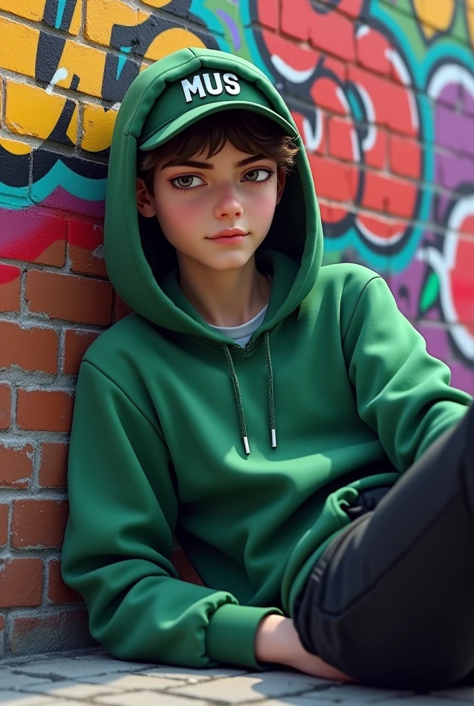 A white-skinned young man is lying on a brick wall, which is adorned with vibrant graffiti that expresses urban art and energy. His posture is relaxed, with a slight air of nonchalance as he observes the surroundings.
He wears a green hooded diver, which contrasts with the background of the wall and gives it a fresh and youthful touch.. The hood is slightly raised, adding a touch of mystery to your figure. Above his head, A sports cap, that complements your casual and modern look, sits at a slight angle, giving it a casual style.
On the bottom, He wears a black jogger that keeps him comfortable and allows him to move easily.. The details on the jogger, like pockets and seams, add a touch of functionality.