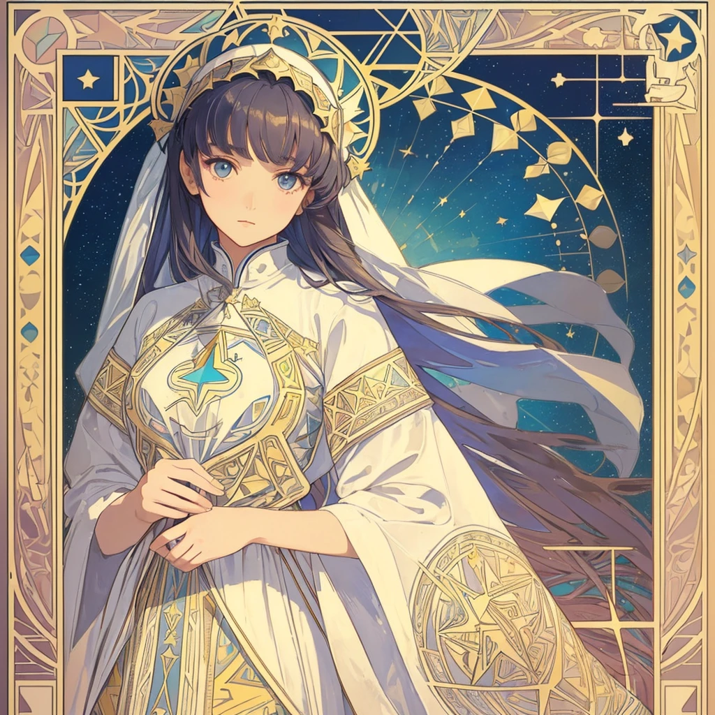 1 girl, (masterpiece, highest quality, highest quality, beautiful and aesthetic: 1.2), (1 girl: 1.3), delicate clothing, square picture frame, ((face)), sharp pupils, cool face, Alphonse Mucha's, Traditional Arab dress, color hairstyle, Ultra-detailed, Soft Light, Gentle colors, solo, dynamic, (((geometric star patterns in the background)))