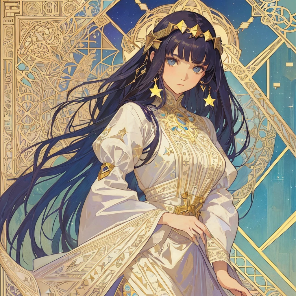 1 girl, (masterpiece, highest quality, highest quality, beautiful and aesthetic: 1.2), (1 girl: 1.3), delicate clothing, square picture frame, ((face)), sharp pupils, cool face, Alphonse Mucha's, Traditional Arab dress, color hairstyle, Ultra-detailed, Soft Light, Gentle colors, solo, dynamic, (((geometric star patterns in the background)))