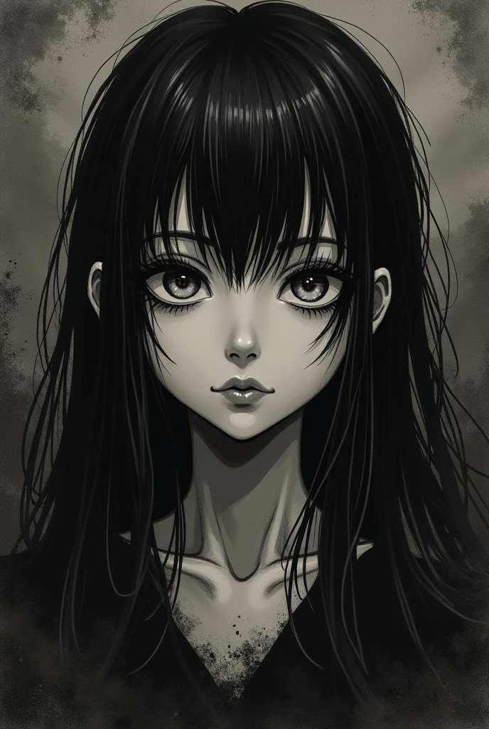 Make me a mystical y2k grunge emo type image of someone with the pum pum face from the oyasumi pumpum manga with black hair and blonde highlights, that is small and in the style of death note 