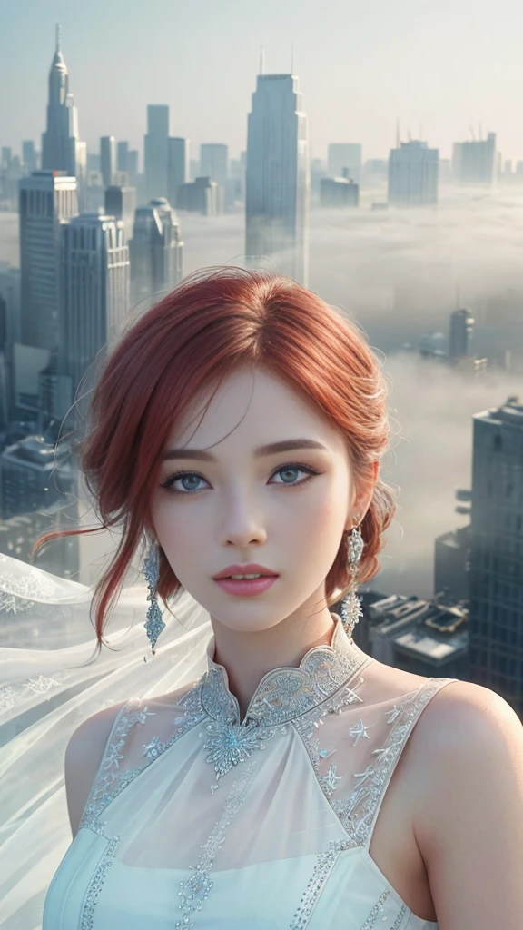 hyper realistic image of the highest quality (((Very detailed face)))), ((Very detailed eyes and face.)))), Beautiful eyes details, Body parts__, Official art, 8k unified wallpaper, Super detailed, Beautiful and Beautiful, Beautiful, Masterpiece, Best quality, Original, Masterpiece, Super fine photo, Best quality, Super high resolution, Realistic realism, Sunlight, Full body, Extraordinary beauty, Dynamic pose, Delicate face, Vibrant eyes, (from the front), She is wearing a low-cut red dress, Highly detailed city roof background, Roof, Overlooking the city, Detailed face, Detailed complex busy background, Messy, Gorgeous, Milky white, Highly detailed skin, Realistic skin details, Visible pores, Clear focus, Volumetric fog, 8k hd, DSLR, High quality, Film grain, White skin, Photo realism, Lomography, Futuristic dystopian megalopolis, Translucent
