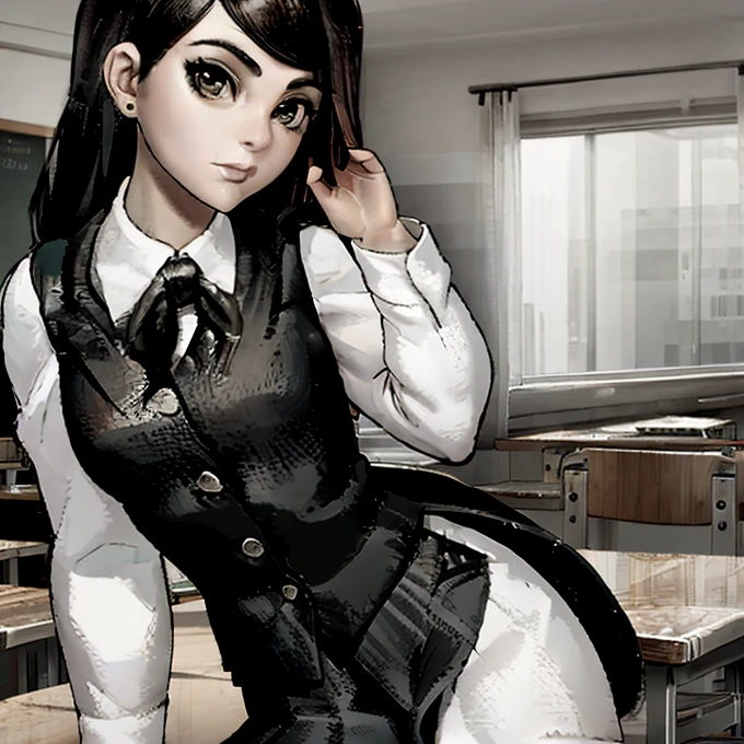 masterpiece, high quality, girl in school skirt and white tights, beautiful figure, slender legs, thin waist, black hair, shirt & vest, stands in the classroom, sexy legs, bulging big breasts, girl lifts her skirt to her panties