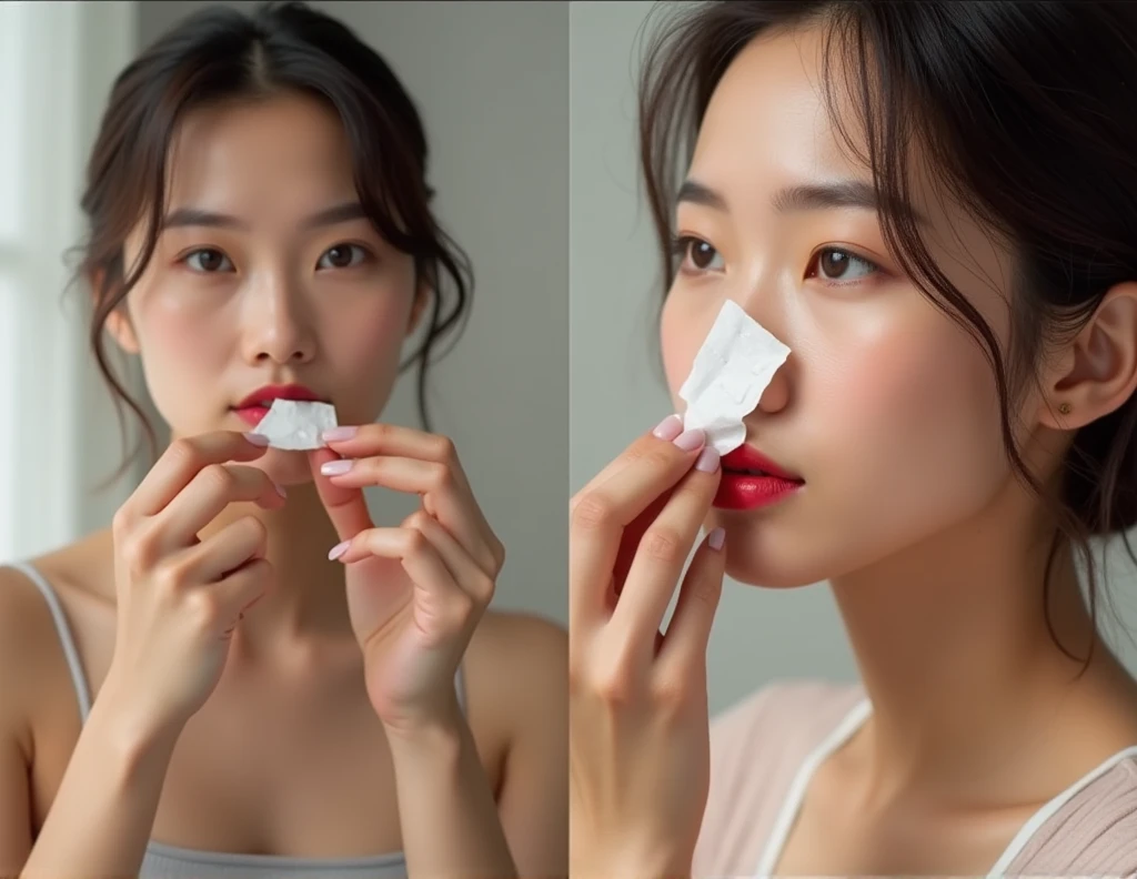 An image of an innovative makeup product, where the lipstick is a thin, square sheet of paper. It shows a woman applying the paper lipstick on her face. She tears off a piece of the lipstick sheet, He places it over his mouth and sprays it with water., which makes the color perfectly applied on your lip. In the image, You should see the before and after of the face, showing the application of the paper lipstick with a natural and uniform result. The scene should be illuminated with soft light, highlighting the texture of paper and skin.