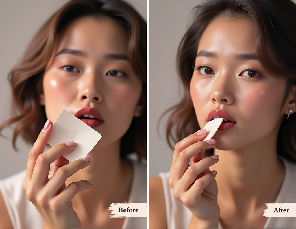An image of an innovative makeup product, where the lipstick is a thin, square sheet of paper. It shows a woman applying the paper lipstick on her face. She tears off a piece of the lipstick sheet, He places it over his mouth and sprays it with water., which makes the color perfectly applied on your lip. In the image, You should see the before and after of the face, showing the application of the paper lipstick with a natural and uniform result. The scene should be illuminated with soft light, highlighting the texture of paper and skin.