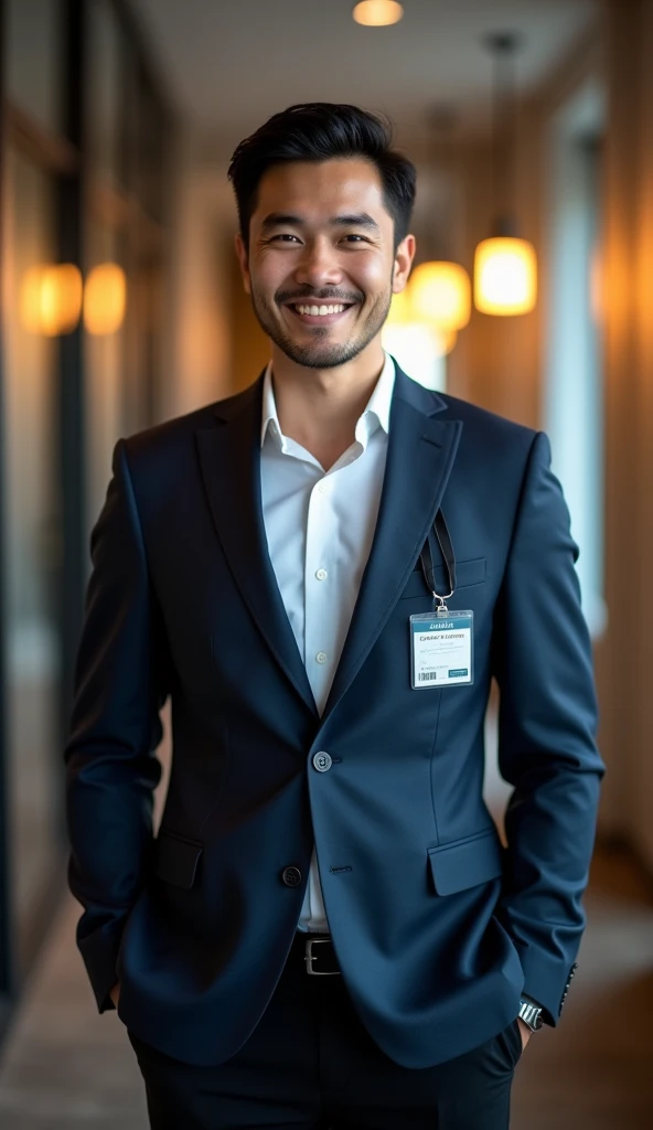 (Masterpiece),(complication:1.3),(Realistic),Portrait of a man,1,Has a Thai face, fine, handsome and cool.,black hair,Brown eyes,smiling,be happy,(Wear a dark blue suit),Wear black slacks.,Office staff ID card holder,Look ahead,(In the office),warm light,Showing some sunlight,Professional photographer taking detailed photos of men,Have clarity,dramatic,Awarded globally,Cinematic lighting,(film grain,Blurred background,Blurred background,bokeh,depth of field)
