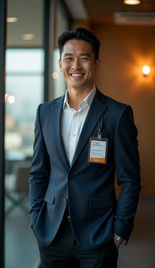 (Masterpiece),(complication:1.3),(Realistic),Portrait of a man,1,Has a Thai face, fine, handsome and cool.,black hair,Brown eyes,smiling,be happy,(Wear a dark blue suit),Wear black slacks.,Office staff ID card holder,Look ahead,(In the office),warm light,Showing some sunlight,Professional photographer taking detailed photos of men,Have clarity,dramatic,Awarded globally,Cinematic lighting,(film grain,Blurred background,Blurred background,bokeh,depth of field)