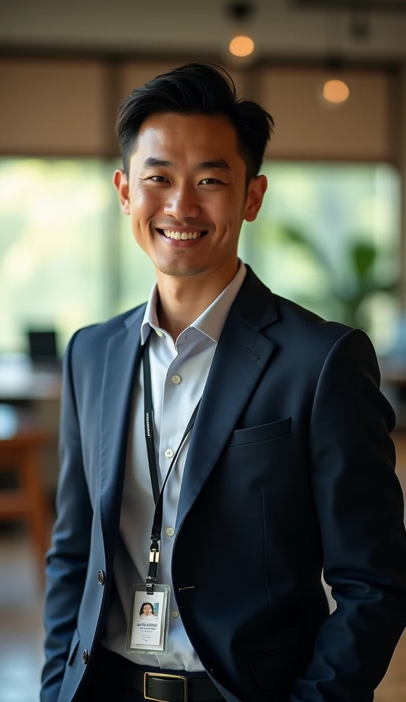 (Masterpiece),(complication:1.3),(Realistic),Portrait of a man,1,Has a Thai face, fine, handsome and cool.,black hair,Brown eyes,smiling,be happy,(Wear a dark blue suit),Wear black slacks.,Office staff ID card holder,Look ahead,(In the office),warm light,Showing some sunlight,Professional photographer taking detailed photos of men,Have clarity,dramatic,Awarded globally,Cinematic lighting,(film grain,Blurred background,Blurred background,bokeh,depth of field)