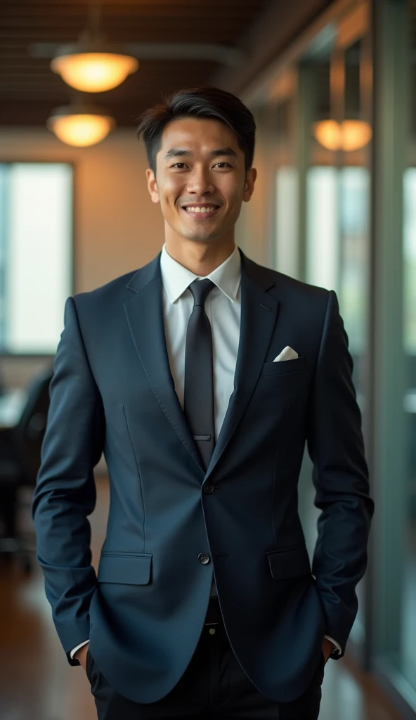 (Masterpiece),(complication:1.3),(Realistic),Portrait of a man,1,Has a Thai face, fine, handsome and cool.,black hair,Brown eyes,smiling,be happy,(Wear a dark blue suit),Wear black slacks.,Office staff ID card holder,Look ahead,(In the office),warm light,Showing some sunlight,Professional photographer taking detailed photos of men,Have clarity,dramatic,Awarded globally,Cinematic lighting,(film grain,Blurred background,Blurred background,bokeh,depth of field)
