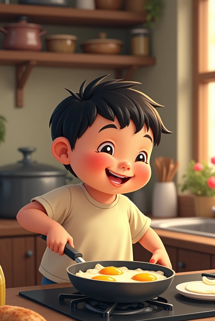 Draw me a picture , chubby boy makes fried eggs , give to mom