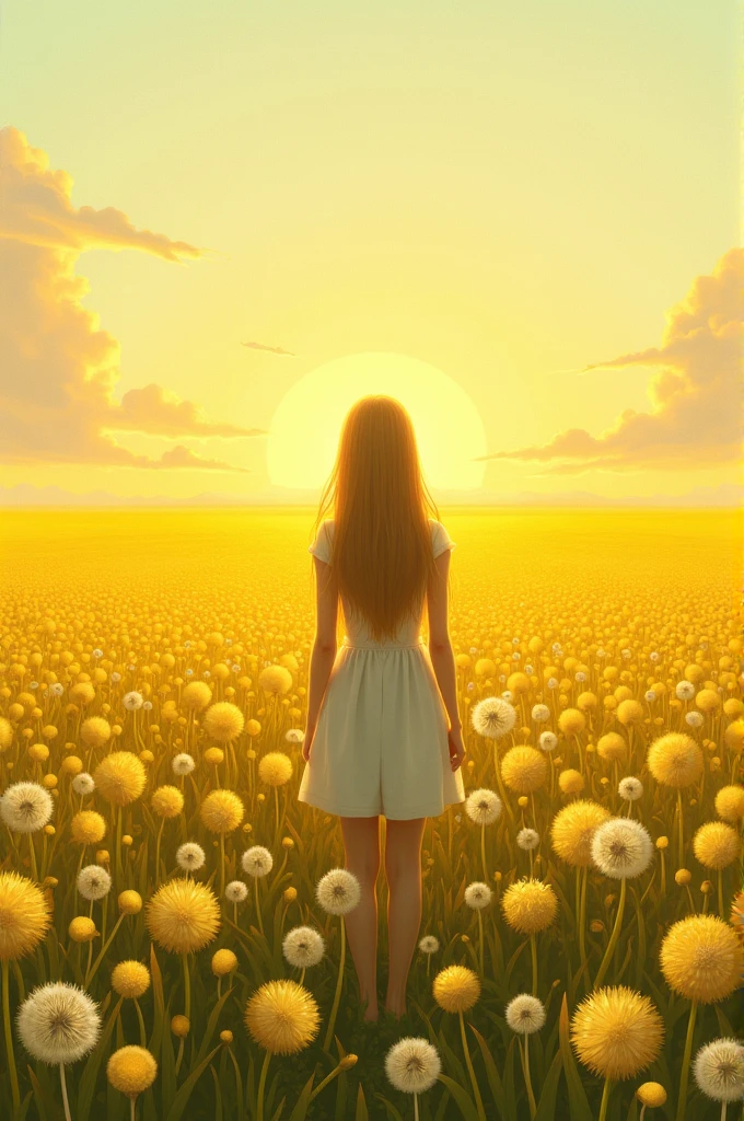 A painting of a vast dandelion field with a young woman standing in the middle. She has long, straight, golden hair and is facing away, looking into the distance. The scene is bathed in warm, soft sunlight, with dandelions gently swaying in the breeze