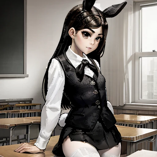masterpiece, high quality, girl in school skirt and white tights, beautiful figure, slender legs, thin waist, black hair, shirt & vest, stands in the classroom,Polina Tiny bunny