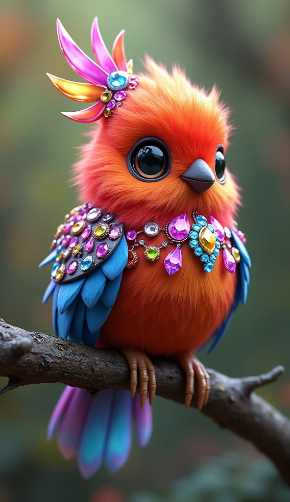 Forbes Diamond「Cute little bird on a tree」teeth、The protagonist is portrayed naturally and realistically.。, Highly detailed and photorealistic, Render the background, Photorealistic concept art, Hyperreal Rendering, Red realistic 3D rendering, Bird Society, Photorealistic images, Highly detailed and photorealistic, Ultra-realistic detailed rendering, Realistic detailed images, Highly detailed rendering, High quality rendering,((A cute little fictional bird with lots of colorful jewels on its body.))Cute fluorescent little bird,His whole body is covered in colored gems,The tail is also covered with jewels,Wear jewels,The feathers are colorful,Sparkling