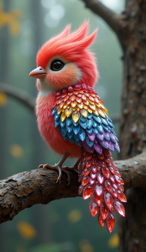 Forbes Diamond「Cute little bird on a tree」teeth、The protagonist is portrayed naturally and realistically.。, Highly detailed and photorealistic, Render the background, Photorealistic concept art, Hyperreal Rendering, Red realistic 3D rendering, Bird Society, Photorealistic images, Highly detailed and photorealistic, Ultra-realistic detailed rendering, Realistic detailed images, Highly detailed rendering, High quality rendering,((A cute little fictional bird with lots of colorful jewels on its body.))Cute fluorescent little bird,His whole body is covered in colored gems,The tail is also covered with jewels,Wear jewels,The feathers are colorful,Sparkling