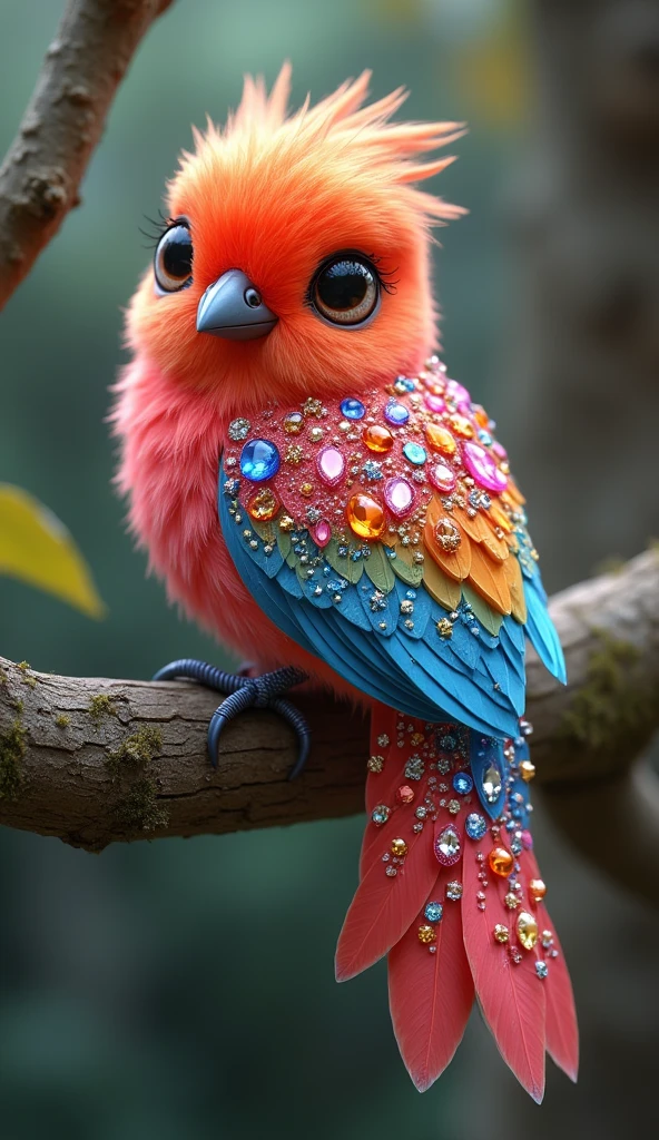 Forbes Diamond「Cute little bird on a tree」teeth、The protagonist is portrayed naturally and realistically.。, Highly detailed and photorealistic, Render the background, Photorealistic concept art, Hyperreal Rendering, Red realistic 3D rendering, Bird Society, Photorealistic images, Highly detailed and photorealistic, Ultra-realistic detailed rendering, Realistic detailed images, Highly detailed rendering, High quality rendering,((A cute little fictional bird with lots of colorful jewels on its body.))Cute fluorescent little bird,His whole body is covered in colored gems,The tail is also covered with jewels,Wear jewels,The feathers are colorful,Sparkling
