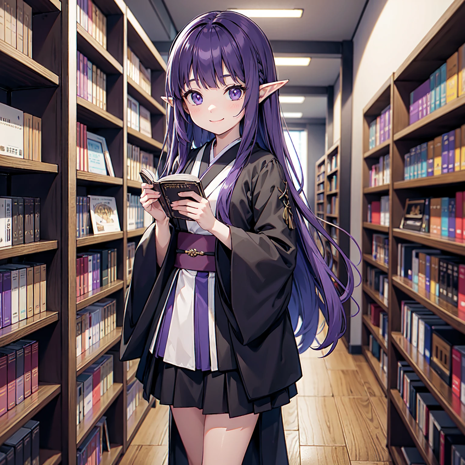 Library at night, dimly lit. Night. No windows. A girl grabs a book from the bookshelf. She fishes through the bookshelf. Which book shall I choose? A happy smile. Her eyes are on the book. Nostalgic. Purple hair. A girl with long purple hair. Pointy elf ears. Her clothes are simple: a black robe with wide sleeves and a black miniskirt. Knees showing. V-shaped white inserts on the front like a kimono. Black boots. Standing figure. Lots of bookshelves lined up. She is selecting a book in a row. Her eyes are on the bookshelves.