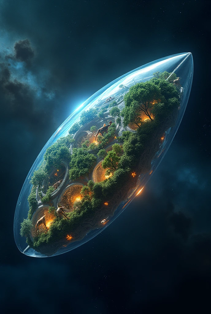 A futuristic spaceship glides through the vastness of space, carrying a diverse array of animals and plants in its transparent, bioluminescent chambers. Each section of the ship is designed to mimic the natural habitats of Earth, allowing giraffes, birds, lions, and more to roam freely, while lush forests and vibrant oceans thrive under artificial sunlight. The stellar background, dotted with distant stars and glowing nebulae, emphasizes the ship's mission to preserve and transport Earth's biodiversity across the universe, ensuring the survival of life in the unknown reaches of space.