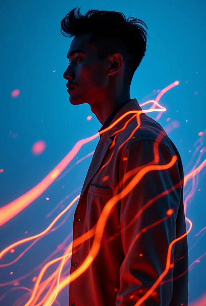 ashion editorial photography, medium shot of an asian man,Blue background,Orange contrast,Tech patterns, Dynamic silhouette, Virtual devices, Light effects and particles, Futuristic typography, Dynamic movement,Abstract geometry