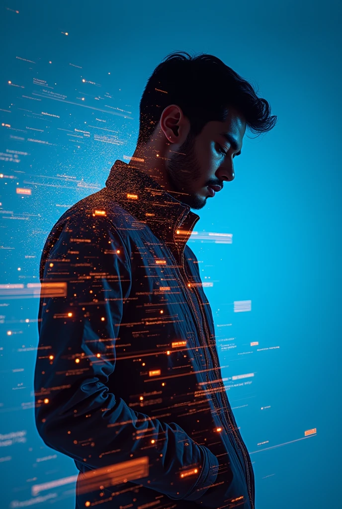 ashion editorial photography, medium shot of an asian man,Blue background,Orange contrast,Tech patterns, Dynamic silhouette, Virtual devices, Light effects and particles, Futuristic typography, Dynamic movement,Abstract geometry