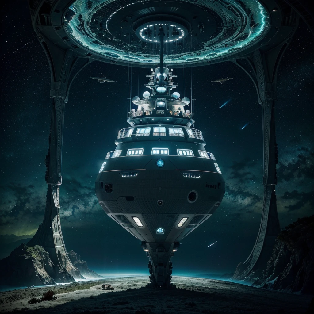 A futuristic spaceship glides through the vastness of space, carrying a diverse array of animals and plants in its transparent, bioluminescent chambers. Each section of the ship is designed to mimic the natural habitats of Earth, allowing giraffes, birds, lions, and more to roam freely, while lush forests and vibrant oceans thrive under artificial sunlight. The stellar background, dotted with distant stars and glowing nebulae, emphasizes the ship's mission to preserve and transport Earth's biodiversity across the universe, ensuring the survival of life in the unknown reaches of space.