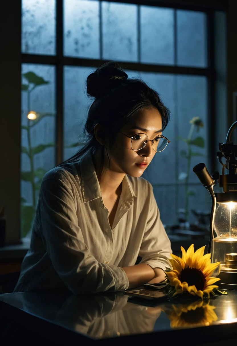 Botanist, Misaki Sato, 28, Japanese, long black hair in a messy bun, gold-rimmed glasses, concentrated expression, observing mysterious rainbow-colored sunflowers under a microscope in a dimly lit laboratory, moonlight through a large window casting long shadows, state-of-the-art laboratory equipment scattered on a steel table, background Glowing computer screen, nearby half-empty coffee cup, clock shows 2:37 a.m.: clock showing 2:37 a.m., frosted glass door slightly ajar, silhouette of stranger seen through gap, tense air, orchid emitting faint bioluminescence, super-definition, cinematic lighting, shallow depth of field, suspense thriller atmosphere, 8K Ultra HD, --AR 16:9 --stylize 1000