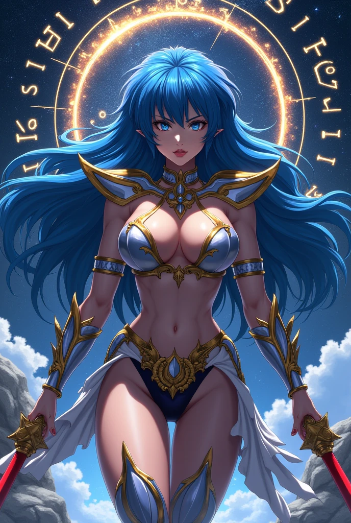 1girl, ,saint seiya milo scorpio,detail_face,Big boobs, whole body, hair large blu, background scorpio sino, hands scarlet needle,