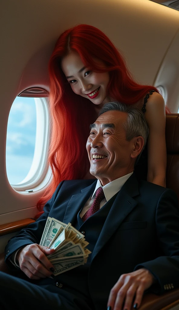 (((photorealistic:1.4))), ultra realistic, pores, (((masterpiece))),high quality, ultra details, realistic white skin beautiful smiling face pretty korean idol adult woman showing very long sharp claws black fingernails, long red hair, humping on ugly rich old man holding a lot of money, sex pose, in te airplane cabin, beautiful night,