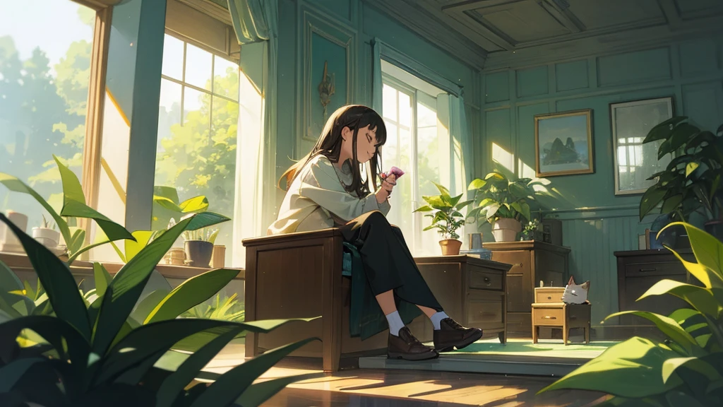 A teenage girl sits with a cat.,Listening to music happily,In a quiet room filled with plants and cute decorations.
