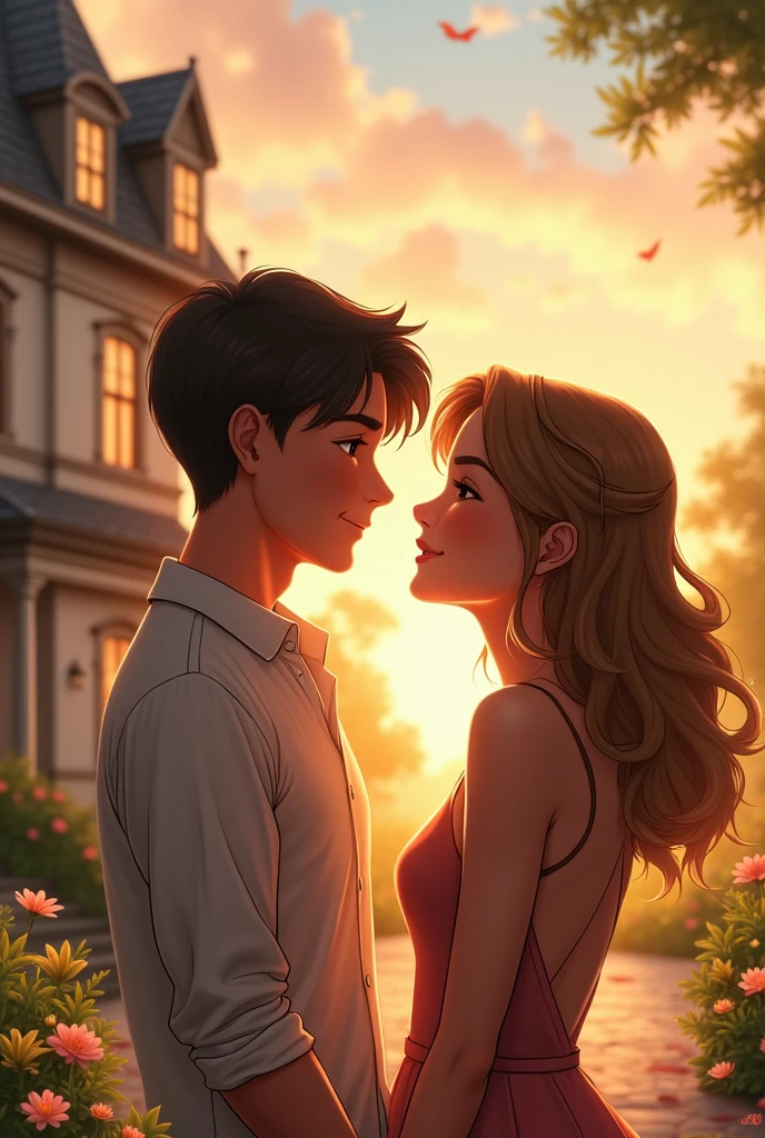 A young man and a young woman saying goodbye by giving each other a kiss on the face in front of a luxurious and cute house as friends
