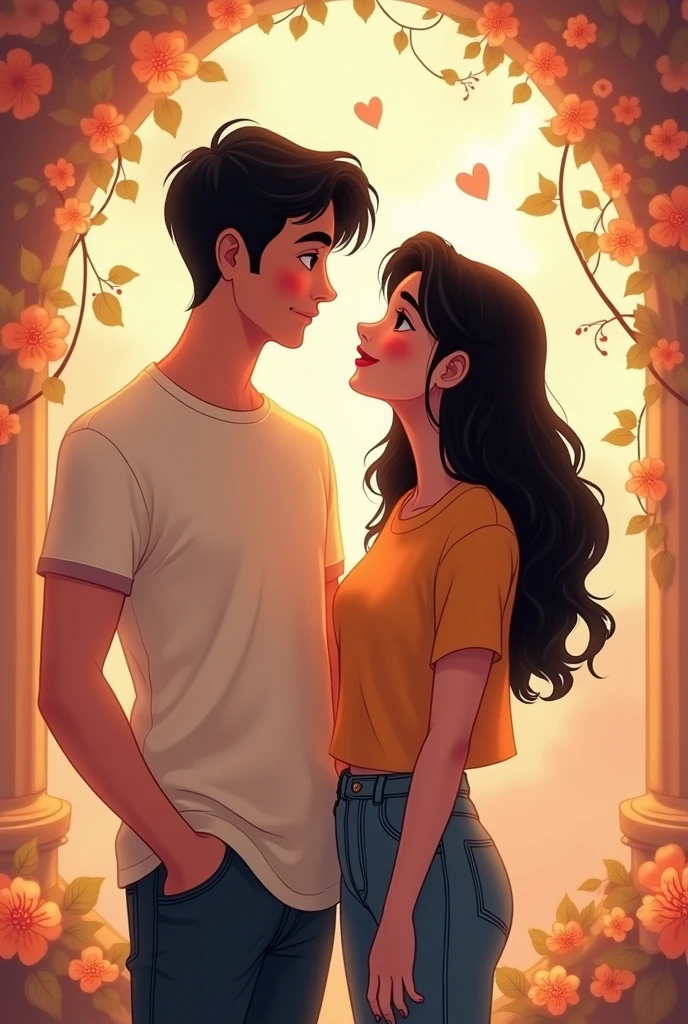 Animated Disney drawing of a young couple body is with black-haired man t-shirts and dark brown-haired woman with a Disney background and matching clothes