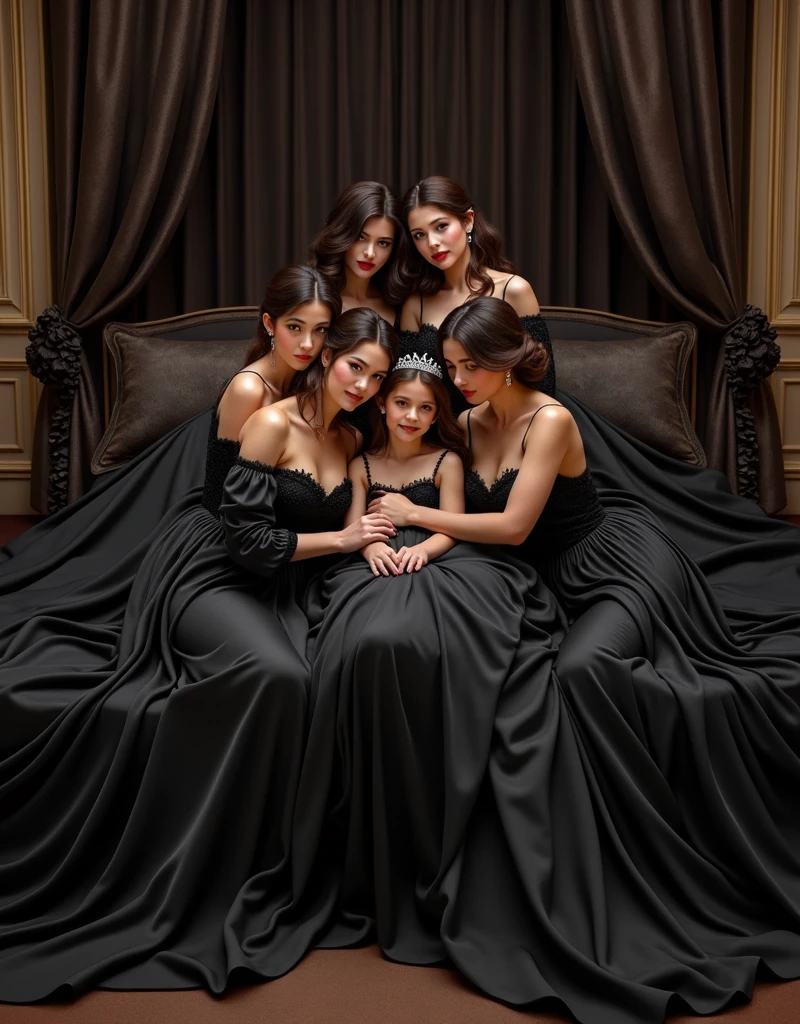 ultra quality, masterpiece, ultra resolution, longshot view, artwork, super それにget used to it, many get used to it, get used to it, それにget used to it, top view angle shows the entire mattress,love,romantic,Five persons,((Five Mothers and One Daughter)),((Five Mature Women and One Little Girl with the tiara)),((Five Mature Women lips kissing embrace and holding One Little Girl)),((Five Mature Women holding hands and One Little Girl sat between Five Mature Women)),((midnight black satin velvet oversize evening dresses)),((Oversize weared midnight black satin velvet dresses)),((Full-length dresses train skirt stretched down and flared covered the entire bed)),((Full of luxurious satin velvet fabric stretches and covers the the entire bed)), luxurious shiny midnight black satin velvet evening dresses, Sitting kiss and embrace on the bed,((One facing Five Mature Women kissing)),((Gorgeous queen rococo robe satin velvet evening dresses with voluminous full-length stretched down and flared train skirt)),oversized midnight black evening dresses,full-length sleeve midnight black satin velvet gloves,((long midnight black satin velvet gloves)),((floor-length midnight black satin velvet evening dresses with a skirt that stretched down to cover the bed)),A evening dresses with full shiny midnight black satin velvet fabric material...,((Five Mature Women hold and hugging One Little Girl)),luxury bedroom,((Palace full shiny midnight black bedroom)),((The bed full covered of stretched and flares satin velvet fabric)), ((Long midnight black bludru velvet bedroom material)),Frilled silk velvet bedroom midnight black bludru pillows on the bedroom,Five Mature Woman hugging ,One Little Girl's body surrounded and covered by Five Mature Women's dresses skirt,((Five Mature Women is sitting kiss embrace One , One sitting in the bed between Five Mature Women)),luxurious ruffled midnight black curtains