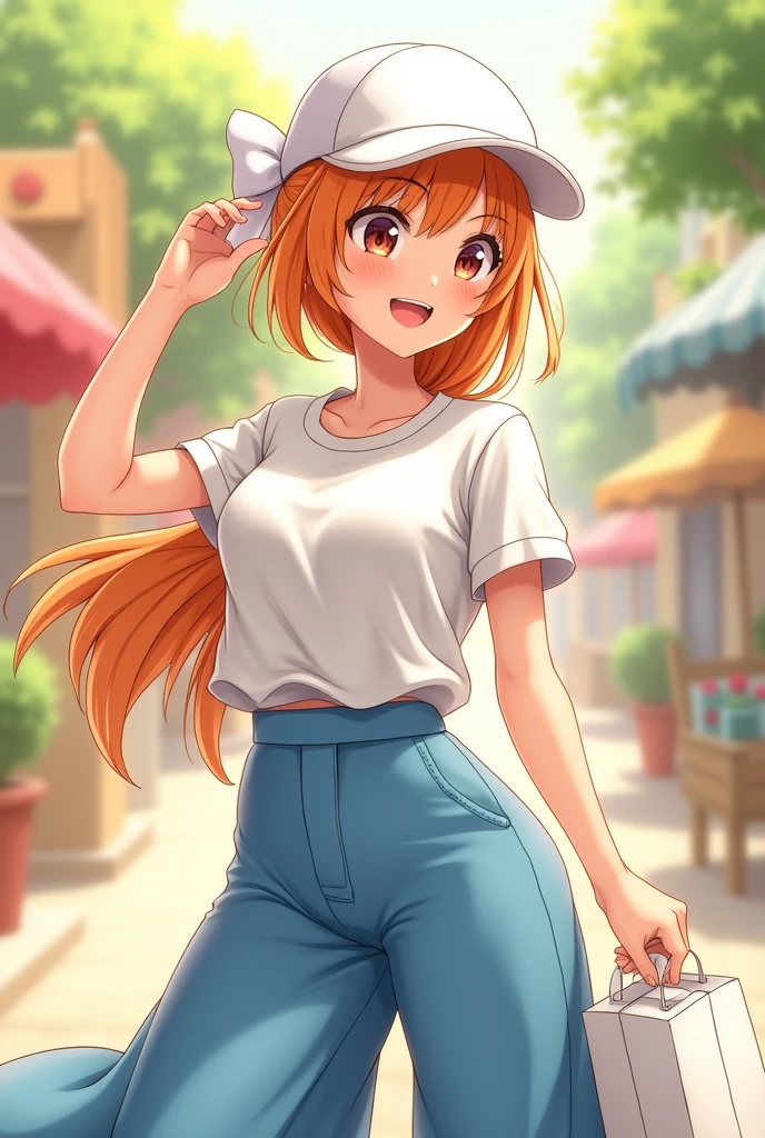 Female character with orange hair and a bow, white blouse, long blue pants, a white tennis cap and a bag of milk