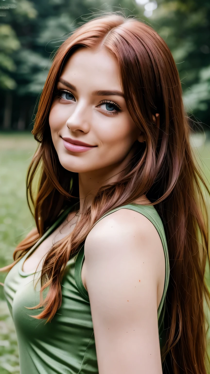 Realistic full body photo of a smiling, boy, red-haired woman with long hair, She dances in front of the camera in a green silk T-shirt and a long, the meadow Jeans...., Park,glamour fotoshooting, Park, perfect anatomy, perfect green eyes. Perfect hands with 5 fingers on each hand, Matching girl, look into the camera, 1 Frau. (Eye make up:1.1), (highly detailed skin:1.1), spirit, analog style, keen focus, 8K  UHD, dslr, good quality, Fujifilm XT3, Grain, Award-winning, ​masterpiece. Park