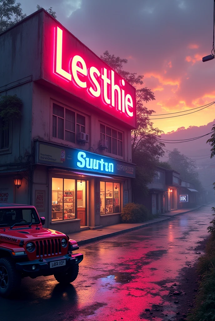 Big
Graphic design studio, Indian city street with studio, LED name board, JEEP parking in front it
,with grenaey hill background, orange evening sky rainy water on road anime in India