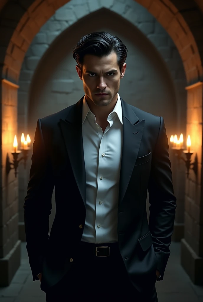 Man in dark suit with white shirt too formal and elegant and perfect . , grey eyes, black hair, strong, attractive, dangerous and sensual beauty (WITH ONE EYE GREY AND THE OTHER BLACK). Evil look of handsome villain. The scene is in a dark tunnel with candles. The one with relaxed appearance. (Hombre demasiado attractive y facciones definidas) 